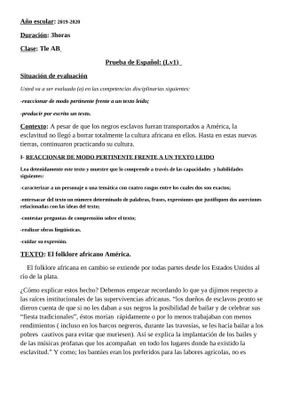 Première page de Devoir surveillé de ESPAGNOL — 4e ML, 3e ML, 2nde A2, 2nde B, 1ère A2, 1ère B, Tle A1, Tle A2, Tle B — CEG Banikanni (2019)