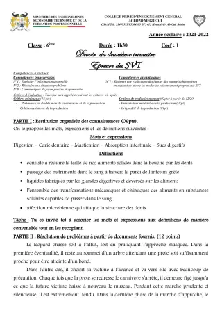 Première page de SVT 6e, 5e, 4e, 3e, 2nde A2, 2nde B, 2nde D, 1ère A2, 1ère B, 1ère D, Tle A2, Tle B, Tle D — 1er devoir surveillé, 2e trimestre (2021-2022) · CPEG AGBOZO MEGBEDJI