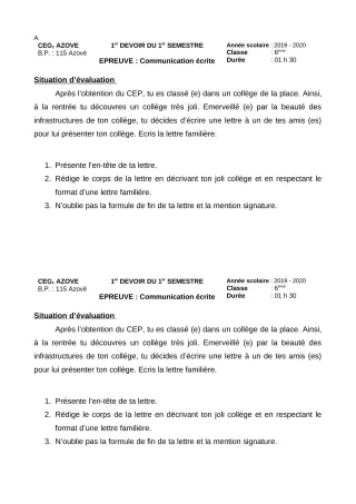 Première page de Français 6e, 5e, 4e, 4e ML, 4e ML&MC, 3e, 3e ML, 2nde A, 2nde A2, 2nde B, 2nde C, 2nde D, 1ère A, 1ère A1, 1ère A2, 1ère B, 1ère C, 1ère D, Tle A1, Tle A2, Tle B, Tle C, Tle D — 1er devoir surveillé,