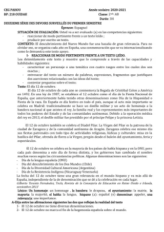 Première page de Espagnol 2nde A & B, 2nde A2, 2nde B — 2e devoir surveillé, 1er semestre (2020-2021) · CEG PAHOU
