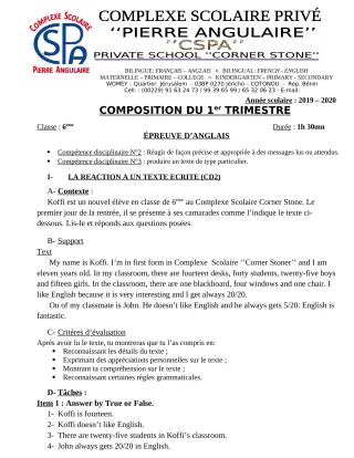 Première page de Anglais 6e — Composition (2019-2020) · CPEG PIERRE ANGULAIRE