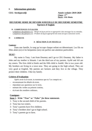Première page de Anglais 6e — 2e devoir surveillé, 2e semestre (2019-2020) · CEG ATROKPOCODJI