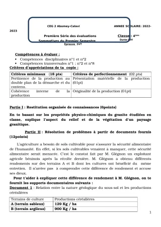 Première page de SVT 4e — 1re évaluation sommative, 1er semestre (2022-2023) · CEG2 ABOMEY - CALAVI (CEG ZOCA)