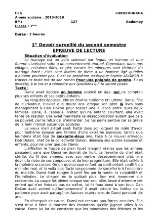 Première page de Français 3e, 3e ML — 1er devoir surveillé, 2e semestre (2018-2019) · CEG Lobozounkpa