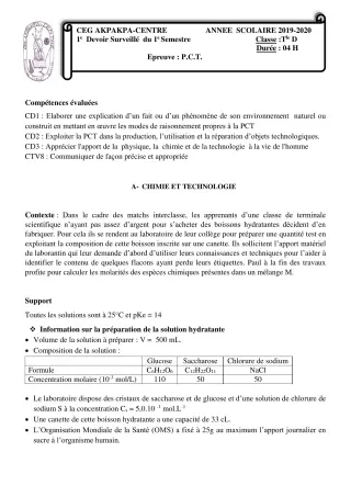 Première page de PCT Tle D — 1er devoir surveillé, 1er semestre (2019-2020) · CEG 1 Akpakpa-Centre