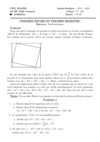 Première page de Mathématiques 6e, 5e, 4e, 4e ML, 3e, 3e ML, 2nde A, 2nde B, 2nde C, 2nde D, 1ère A1, 1ère A2, 1ère B, 1ère C, Tle A1, Tle A2, Tle B, Tle C, Tle D — 1er devoir surveillé, 1er semestre (2018-2019) · CEG