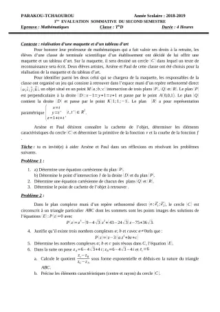 Première page de Mathématiques Tle D — Évaluation sommative, 2e semestre (2018-2019) · CEG Banikanni