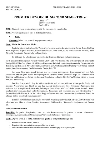 Première page de Allemand 2nde A & B, 2nde A1, 2nde A2, 2nde B — 1er devoir surveillé, 2e semestre (2019-2020) · CEG Attogon