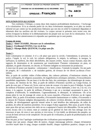 Première page de Français Tle A1, Tle A2, Tle D — 1er devoir surveillé, 1er semestre (2022-2023) · CEG1 AGAME