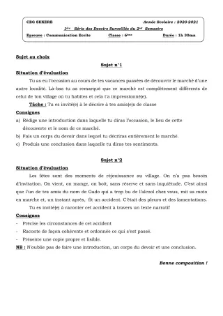 Première page de Français 6e — 1er devoir surveillé, 2e semestre (2020-2021) · CEG SEKERE