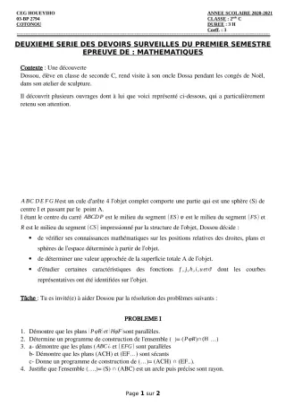 Première page de Mathématiques 2nde C — 2e devoir surveillé, 1er semestre (2020-2021) · CEG HOUEYIHO