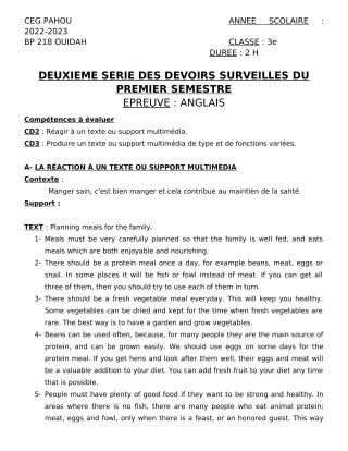 Première page de Anglais 3e — 2e devoir surveillé, 1er semestre (2022-2023) · CEG PAHOU