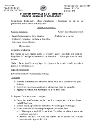 Première page de Histoire-Géographie 1ère C, 1ère D — 1er devoir surveillé, 1er semestre (2023-2024) · CEG Yagbe
