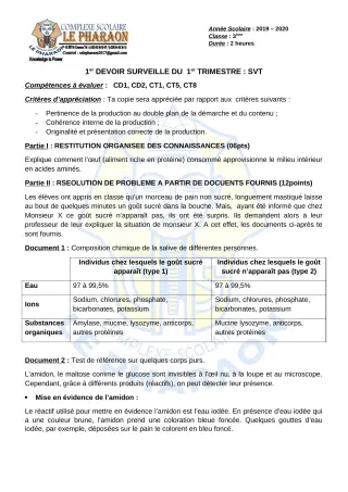 Première page de SVT 3e, 3e ML — 1er devoir surveillé, 1er trimestre (2019-2020) · CPEG LE PHARAON