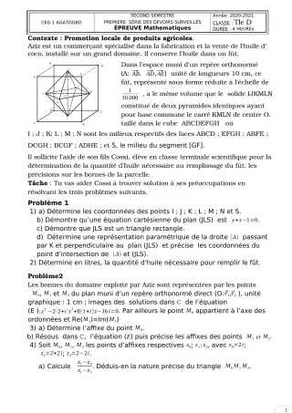 Première page de Mathématiques Tle D — 1er devoir surveillé, 2e semestre (2020-2021) · CEG 1 Agatogbo