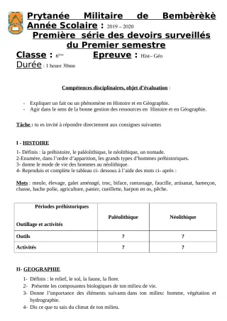 Première page de Histoire-Géographie 6e — 1er devoir surveillé, 1er semestre (2019-2020) · PMB