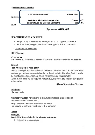 Première page de Anglais 6e — 1re évaluation sommative, 2e semestre (2022-2023) · CEG2 ABOMEY - CALAVI (CEG ZOCA)