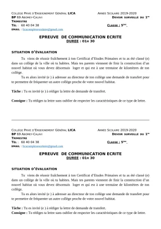 Première page de Français 5e — Devoir surveillé, 1er trimestre (2019-2020) · CPEG LICA
