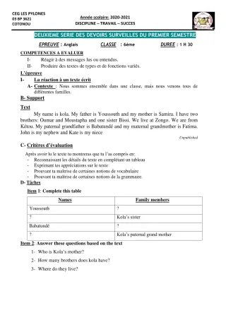 Première page de Anglais 6e, 5e, 4e, 3e, 3e ML, 2nde A & B, 2nde A1, 2nde A2, 2nde B, 2nde C, 2nde D, 1ère A1, 1ère A2, 1ère B, 1ère C, 1ère D, Tle A1, Tle A2, Tle B, Tle C — 2e devoir surveillé, 1er semestre (2020-20