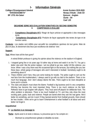 Première page de Anglais 2nde C, 2nde D — 2e évaluation sommative, 2e semestre (2019-2020) · CEG Ahossougbéta