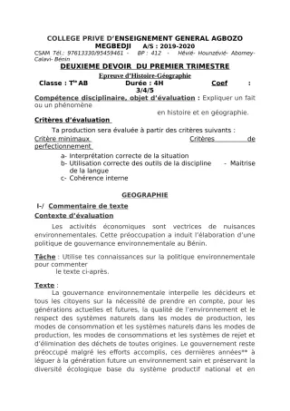 Première page de Histoire-Géographie 6e, 5e, 4e, 4e ML, 3e, 3e ML, 2nde A, 2nde A1, 2nde A2, 2nde B, 2nde C, 2nde D, 1ère A, 1ère A1, 1ère A2, 1ère B, 1ère D, Tle A, Tle A1, Tle A2, Tle B, Tle C, Tle D — 2e devoir sur