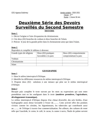 Première page de Histoire-Géographie 6e, 5e, 4e ML&MC, 3e, 3e ML — 2e devoir surveillé, 2e semestre (2020-2021) · CEG Agassa Godomey