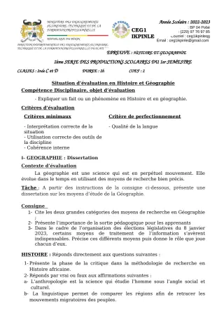 Première page de Histoire-Géographie 2nde C, 2nde D — 2e production scolaire, 1er semestre (2022-2023) · CEG1 Ikpinlè