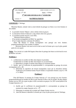 Première page de Mathématiques 2nde A2 — 1er devoir surveillé, 1er semestre (2020-2021) · CEG SEKERE