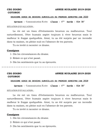 Première page de Français 6e — 2e devoir surveillé, 1er semestre (2019-2020) · CEG ZOGBO