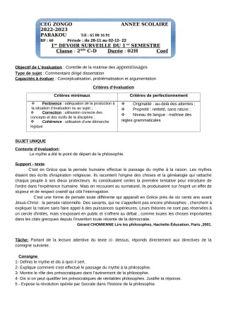 Première page de Philosophie 2nde C, 2nde D — 1er devoir surveillé, 1er semestre (2022-2023) · CEG ZONGO