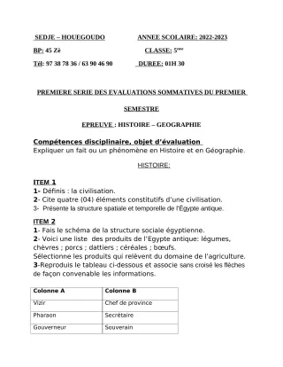 Première page de Histoire-Géographie 5e — 1re évaluation sommative, 1er semestre (2022-2023) · CEG Sèdjè-Houègoudo