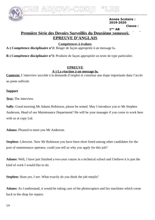 Première page de Anglais 1ère B — 1er devoir surveillé, 2e semestre (2019-2020) · CEG ADJOVICODJI 'LES OLIVIERS'
