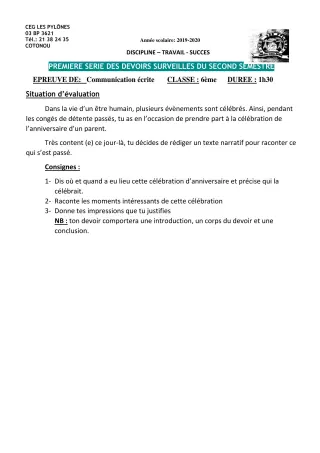 Première page de Français 6e, 5e, 4e, 4e ML, 3e, 3e ML, 2nde A & B, 2nde A1, 2nde A2, 2nde B, 2nde C, 2nde D, 1ère A1, 1ère A2, 1ère B, 1ère C, 1ère D, Tle A1, Tle A2, Tle B, Tle C, Tle D — 1er devoir surveillé, 2e se
