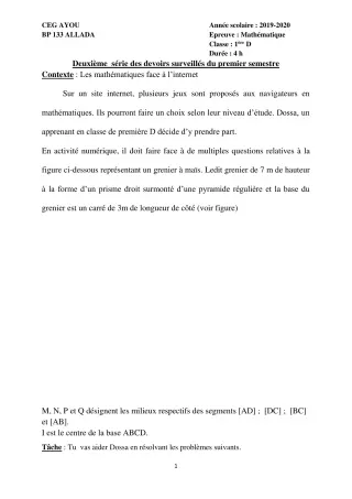Première page de Mathématiques 1ère D — 2e devoir surveillé, 1er semestre (2019-2020) · CEG AYOU