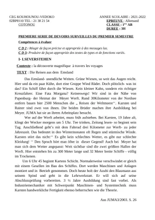 Première page de Allemand 1ère A1, 1ère A2, 1ère B — 1er devoir surveillé, 1er semestre (2021-2022) · CEG Kouhounou-Vêdoko