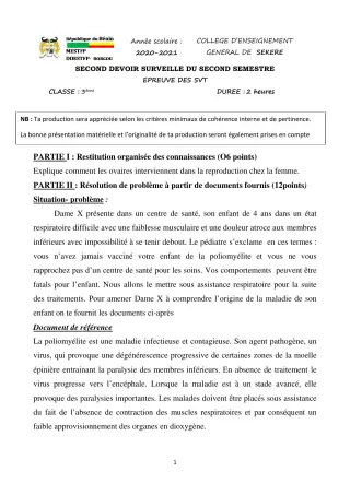 Première page de SVT 3e, 3e ML — 2e devoir surveillé, 2e semestre (2020-2021) · CEG SEKERE