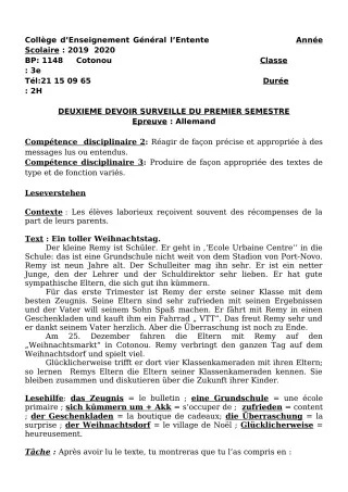 Première page de Allemand 3e ML — 2e devoir surveillé, 1er semestre (2019-2020) · CEG L'Entente