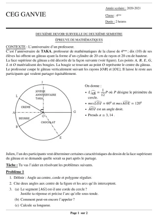 Première page de Mathématiques 3e, 3e ML — 2e devoir surveillé, 2e semestre (2020-2021) · CEG Ganvié