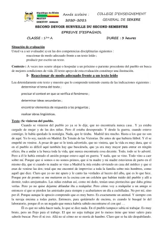 Première page de Espagnol 1ère A2 — 2e devoir surveillé, 2e semestre (2020-2021) · CEG SEKERE