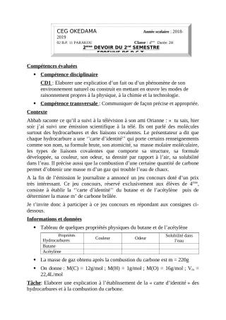 Première page de PCT 4e — 2e devoir surveillé, 2e semestre (2018-2019) · CEG OKEDAMA