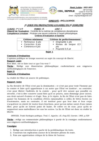 Première page de Philosophie 1ère C, 1ère D — 1re production scolaire, 2e semestre (2022-2023) · CEG1 Ikpinlè