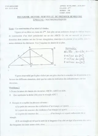 Première page de Mathématiques 4e, 4e ML — 2e devoir surveillé, 1er semestre (2018-2019) · CEG ADJAGBO