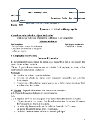 Première page de Histoire-Géographie 4e — 2e évaluation sommative, 1er semestre (2023-2024) · CEG2 ABOMEY - CALAVI (CEG ZOCA)