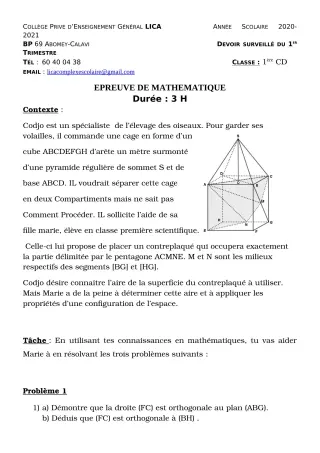 Première page de Mathématiques 1ère C, 1ère D — Devoir surveillé, 1er trimestre (2020-2021) · CPEG LICA