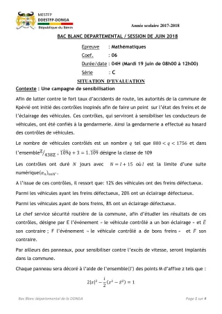 Première page de Devoir surveillé de MATHS GENE — Tle C — CEG Agassa Godomey (2019)
