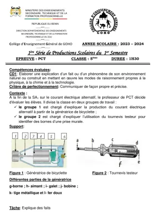 Première page de PCT 5e — 1re production scolaire, 1er semestre (2023-2024) · CEG GOHO