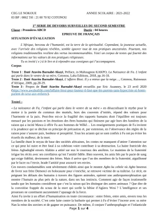 Première page de Français 1ère A1, 1ère A2, 1ère B, 1ère C, 1ère D — 1er devoir surveillé, 2e semestre (2021-2022) · CEG LE NOKOUE