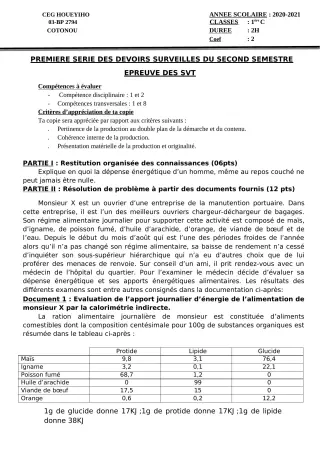 Première page de SVT 1ère C — 1er devoir surveillé, 2e semestre (2020-2021) · CEG HOUEYIHO