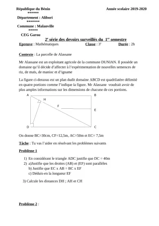 Première page de Mathématiques 3e — 2e devoir surveillé, 1er semestre (2019-2020) · CEG GAROU