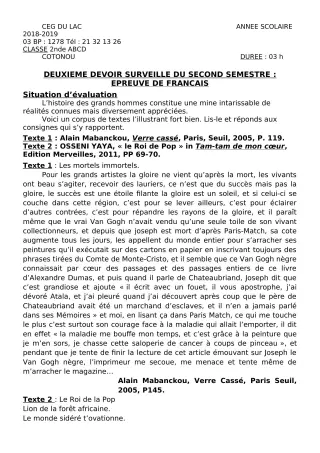 Première page de Français 2nde A, 2nde B, 2nde C, 2nde D — 2e devoir surveillé, 2e semestre (2018-2019) · CEG du Lac